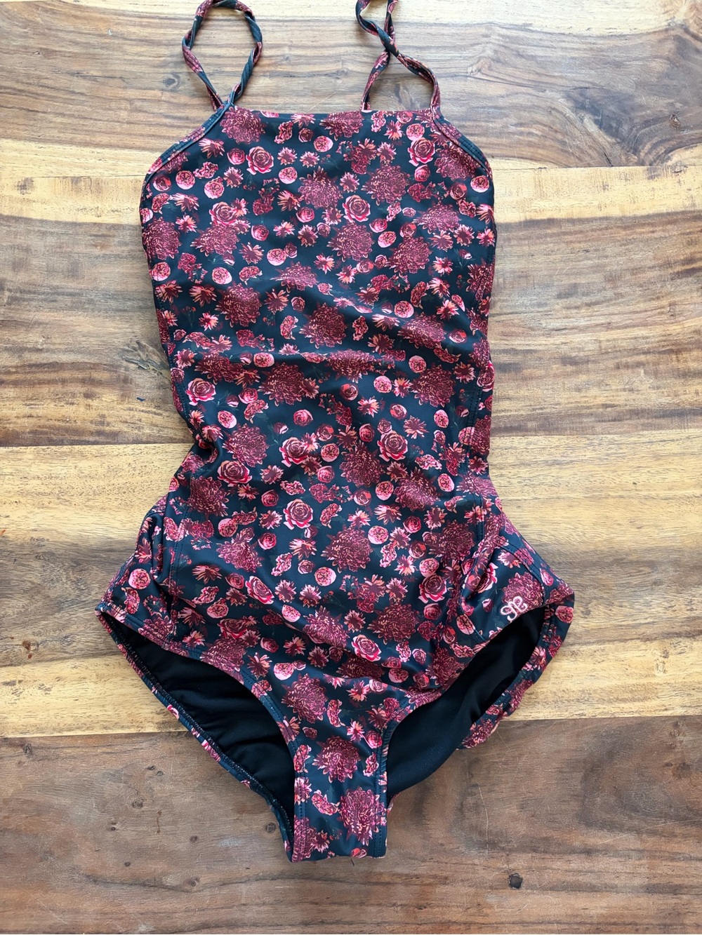 Albion Black Weekender One-Piece with floral ditzy pink/black pattern- small